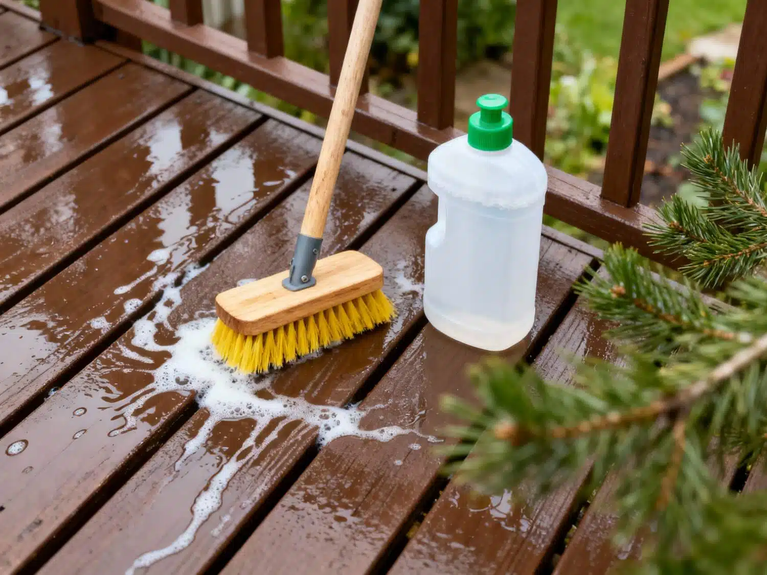 Natte vlonder schoonmaken met borstel en reinigingsmiddel