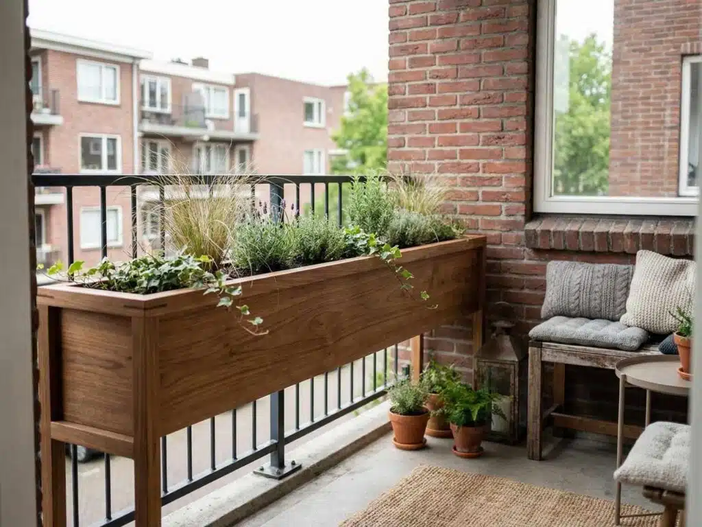Langwerpige houten plantenbak voor balkon of dakterras