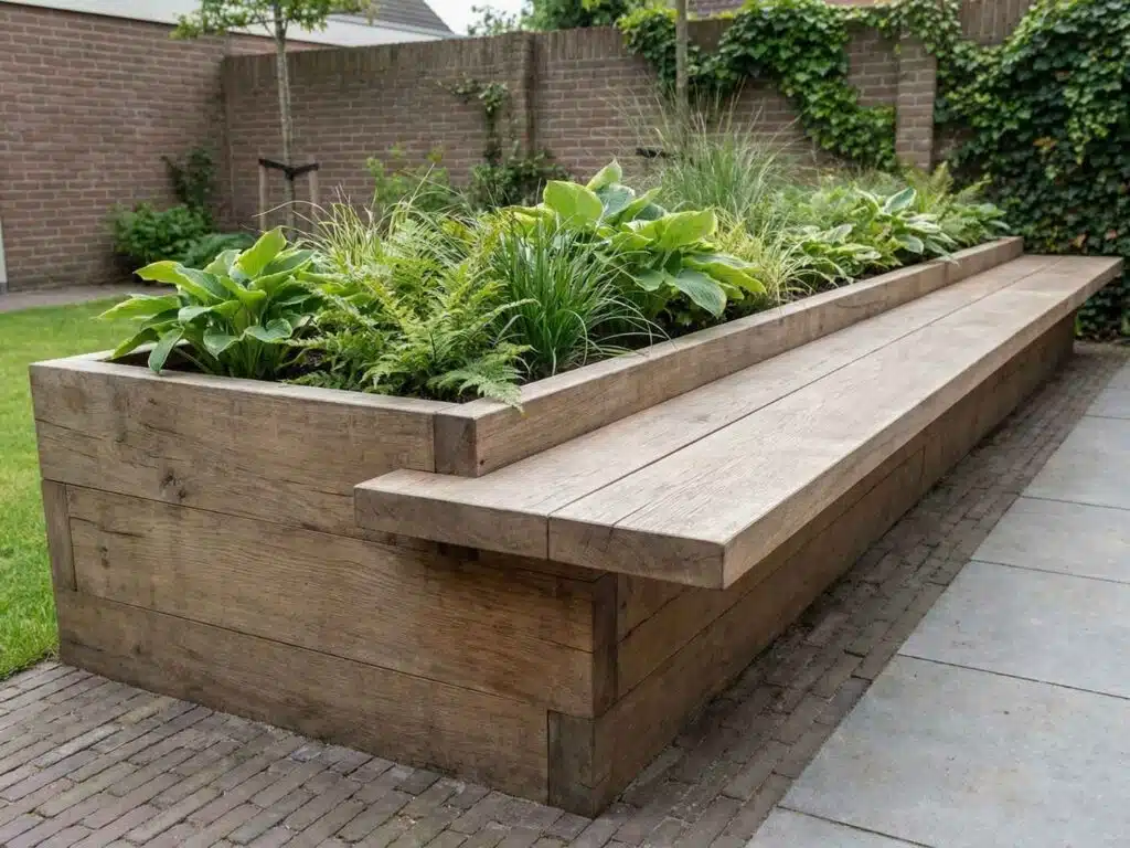 Langwerpige houten plantenbak met geïntegreerde zitrand