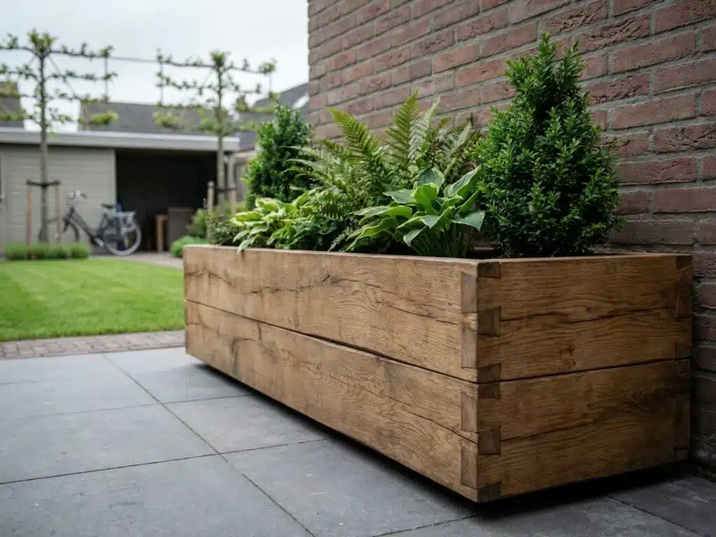 Robuuste houten plantenbak tegen gevel