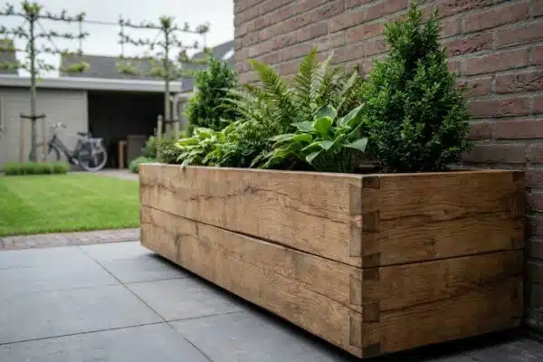 Robuuste houten plantenbak tegen gevel