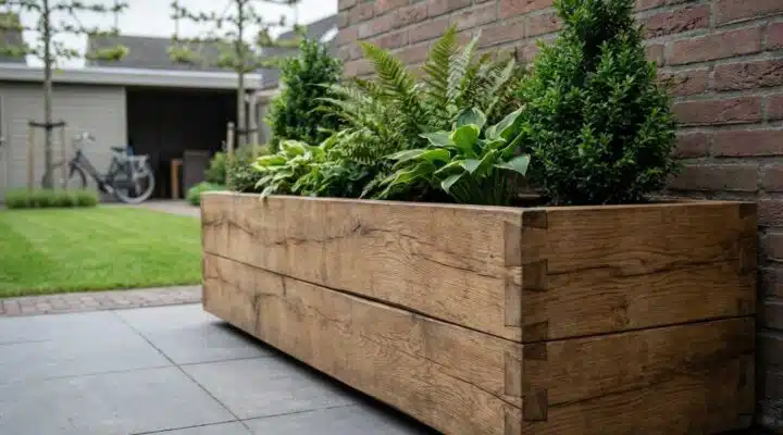 Robuuste houten plantenbak tegen gevel